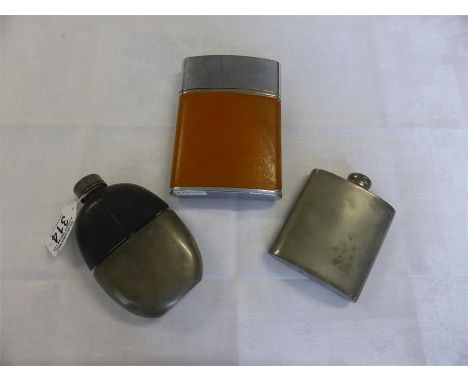 THREE VINTAGE HIP FLASKS, one with leather cover and pewter slide (3)
