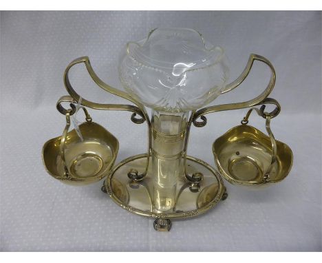 ART NOUVEAU SILVER PLATED CENTREPIECE EPERGNE STAND with bonbon baskets set on oval base with scroll feet, height 23cms