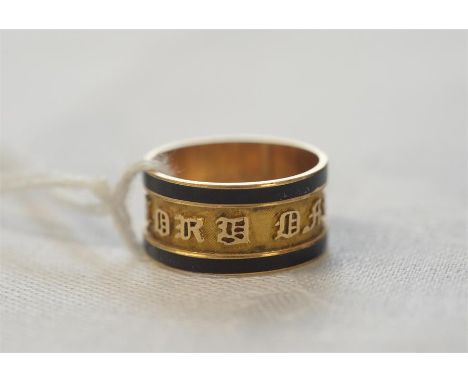 VICTORIAN 18ct GOLD BLACK ENAMEL MOURNING RING the recessed band with inscription 'In memory of Marianne Ward who departed th