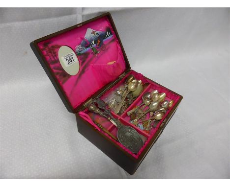 COLLECTION OF COMMEMORATIVE SPOONS worldwide, in a vintage lacquered jewellery box