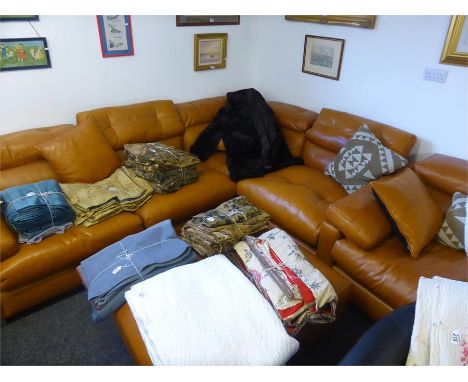 LARGE TAN LEATHER LOUNGE SUITE comprising four-seater sofa, two-seater sofa, chair and a matching pouffe, with four loose cus