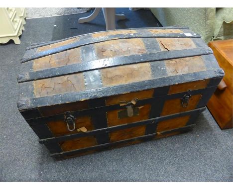 VICTORIAN TRAVELLING TRUNK with leather covered domed top and fitted interior, length 92cms width 50cms