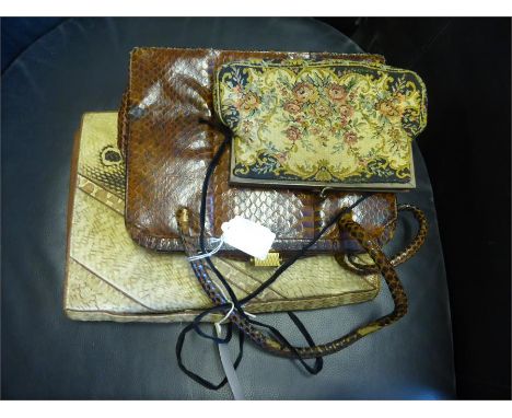 VINTAGE SNAKESKIN AND CROCODILE SKIN HANDBAGS, a floral tapestry purse and a small crocodile skin purse (4)