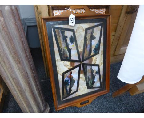 VINTAGE BUTTERFLY TRAY in mahogany frame, plus two other trays (3)