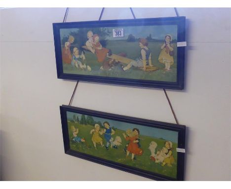 TWO VINTAGE PRINTS Children at Play, each 16cms x 43cms, in wood frames (2)