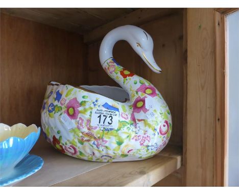 MULTI-COLOURED FLORAL CERAMIC SWAN PLANTER