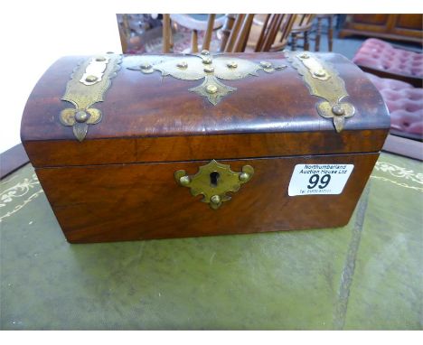 VICTORIAN BRASS BOUND TWO COMPARTMENT TEA CADDY with domed lid, length 20cms height 10cms