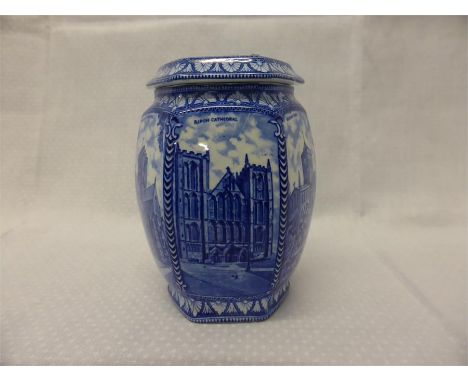 RINGTONS BLUE AND WHITE OCTAGONAL CATHEDRAL TEA CADDY AND COVER