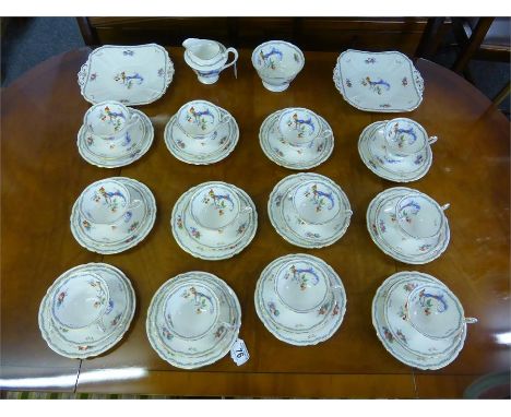 SHELLEY VERSAILLES PATTERN FORTY PIECE TEASET brightly decorated with exotic birds and trailing flowers, finished with gilt h