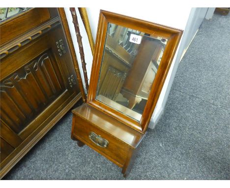 EDWARDIAN MAHOGANY WALL MIRROR with shelf and single drawer below, height 68cms width 30cms