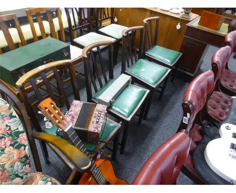 FOUR 1930s BOW BACKED OAK DINING CHAIRS with green leather drop-in upholstered seats (4)