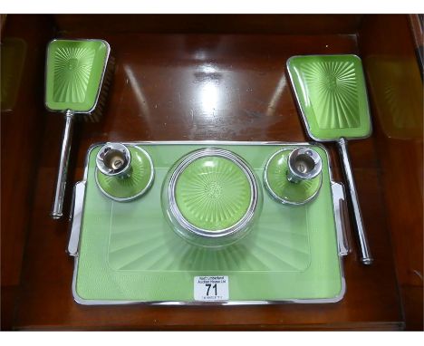 ART DECO STYLE DRESSING TABLE SET comprising trinket tray, mirror and brush, pair of candlesticks and jar with cover, finishe