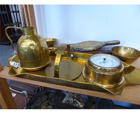 COLLECTION OF BRASSWARE including ship's barometer, trivet, Arts and Crafts tray, bowls etc