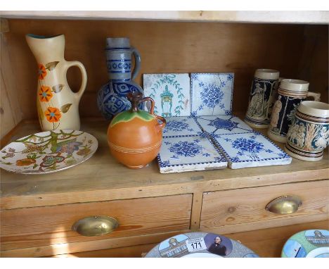 VARIOUS CERAMICS including six tiles with floral decoration, German tankards, studio pottery etc (13) (one shelf)