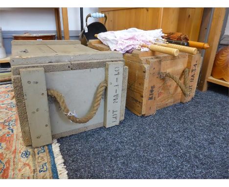 TWO WOODEN AMMUNITION BOXES with original stencilling and rope handles (2)