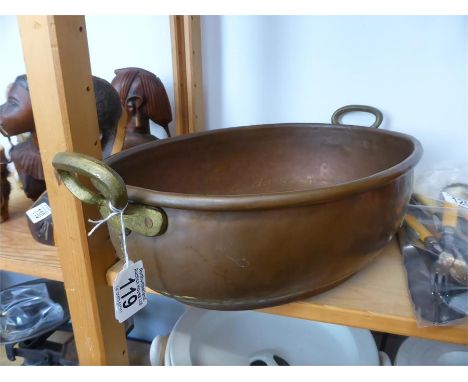 GOOD COPPER TWO-HANDLED VINTAGE JAM PAN with brass handles, length 40cms