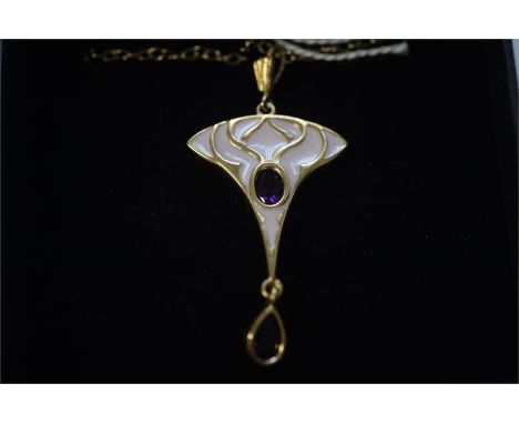 9ct GOLD ART NOUVEAU STYLE ENAMEL AND AMETHYST DROP PENDANT with chain