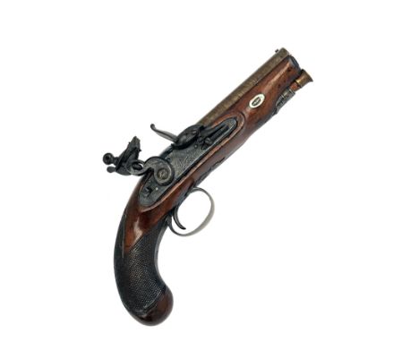 A 16-BORE FLINTLOCK HEAVY OVERCOAT PISTOL SIGNED SMITH, LONDON, no visible serial number, circa 1815, with round 5in. laminat