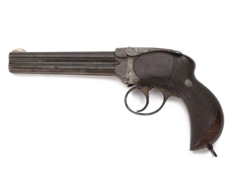 A RARE .360 (No.5) CHARLES LANCASTER FOUR-BARRELLED SELF-COCKING PISTOL, serial no. 8572, circa 1885, with blued 5 5/8in. ova