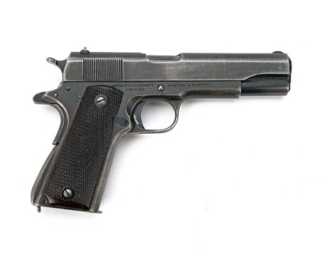 A .45 (ACP) COLT 1911A1 GOVERNMENT SEMI-AUTOMATIC PISTOL, serial no. 818358, for 1943, with 5in. barrel, blued slide with cor