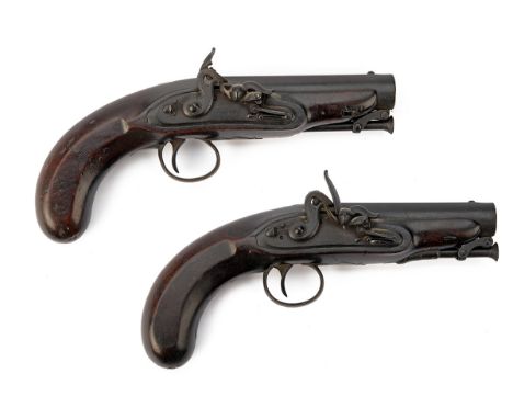 A PAIR OF 18-BORE FLINTLOCK OVERCOAT PISTOLS OF CONSTABULARY STYLE SIGNED W. PARKER, no visible serial numbers, for restorati