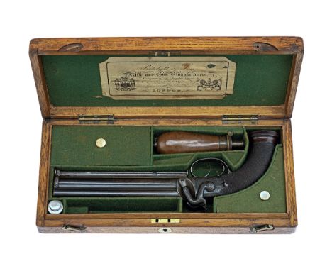 A RARE AND UNUSUAL CASED LONG-BARRELLED .450 PERCUSSION RIFLED OVER AND UNDER BELT PISTOL SIGNED PRITCHETT, LONDON, no visibl