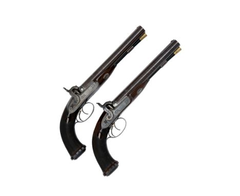 A RARE CASED PAIR OF CHARLES LANCASTER 16-BORE PERCUSSION DOUBLE-BARRELLED RIFLED HOWDAH PISTOLS, serial no. 910 / 911, circa