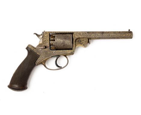 A RARE, FULLY ENGRAVED GILT-WASHED 54-BORE PERCUSSION ADAMS PATENT REVOLVER, serial no. B21717 / 37518, circa 1857, with 5 3/