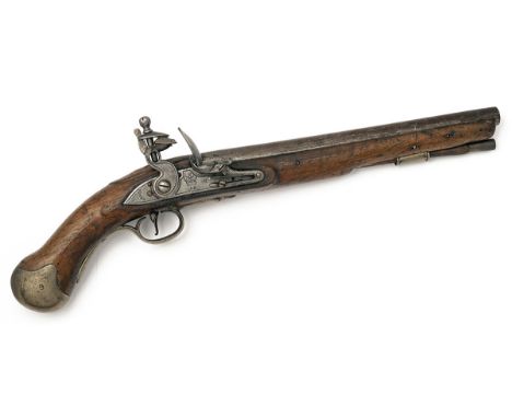 A .56 FLINTLOCK LONG SEA-SERVICE PISTOL SIGNED TOWER, rack No. 9, circa 1800, with round iron tapering 12in. barrel, the forw