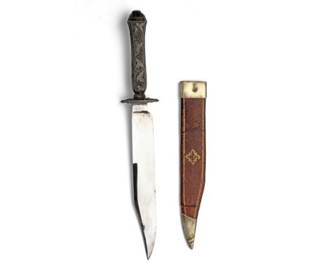 A GOOD VICTORIAN BOWIE or SPORTING KNIFE SIGNED A. DAVY, SHEFFIELD, circa 1860, with 8in. plain blade of Bowie style retainin