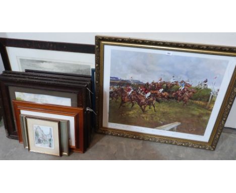 A racing print after Michael Lyne and other framed prints