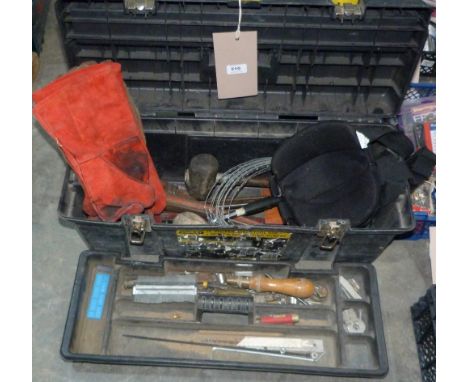 A box of miscellaneous tools, welding gloves &amp; knee pads