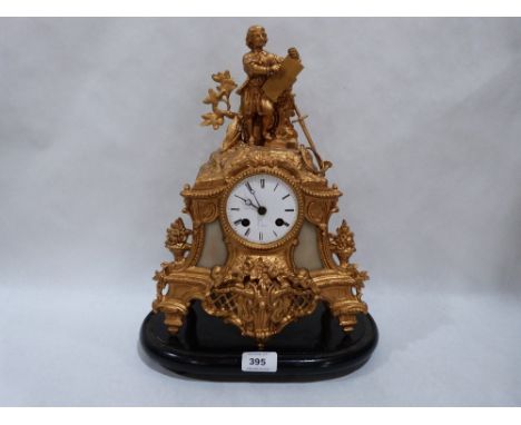 A French gilt speltar and marble mantle clock. 14' high