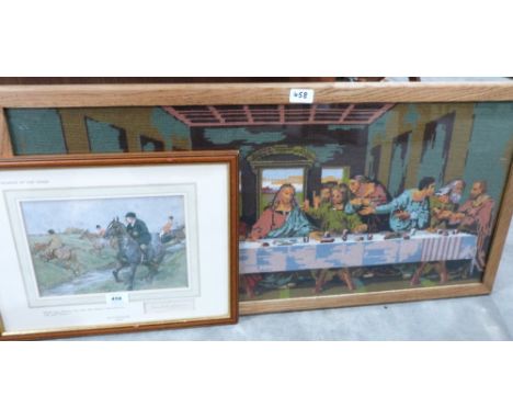 A signed print after G.D. Armour 'Echoes of The Chase'. Together with a Framed woolwork of The Last Supper