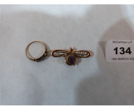 A 9ct amethyst and split pearl openwork brooch and a gem set ring