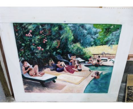 MANNER OF DAVID HOCKNEY Bathers by a swimming pool. Oil on board. 29' x 37'