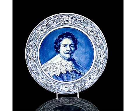 Delft style ceramic wall plate in blue and white with portrait image of the master artist Rembrandt Harmenszoon van Rijn (160