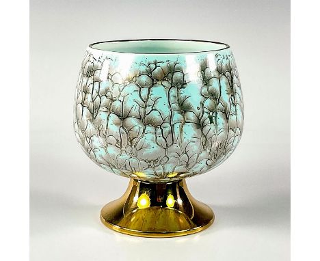 Turquoise toned with lustre finish &amp; branch patterning. Gold toned rim around piece.Hand Painted, goblet shaped. Made In 