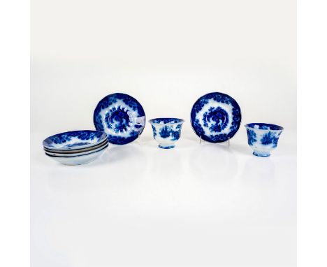 6 saucers with 2 handless cups. Depicting the 'Sobraon' pattern; a Chinese landscape with a figure on a bridge holding a lant