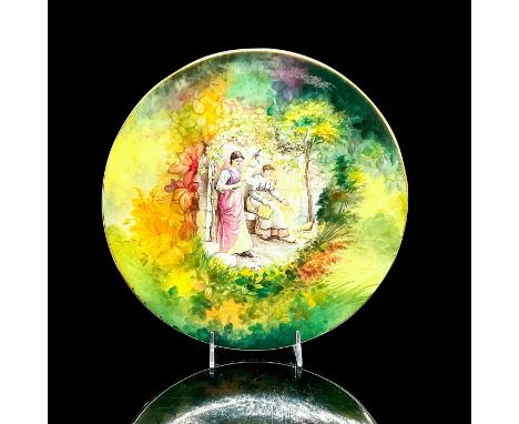 Ceramic wall plate with gold rim and painted image of two ladies in the garden feeding hens; signed B. Gussgen. Royal Bonn ba
