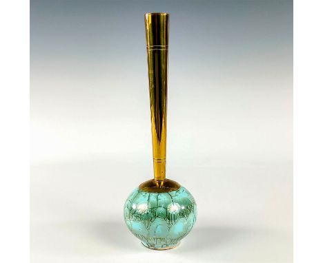 Turquoise with lustre finish and branch patterning. Round body. Narrow brass spout.Hand Painted Delft Holland on bottom. This
