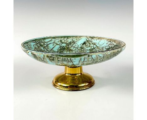 Turquoise with lustre finish and branch patterning. Gilded rim. Gold toned footed base.Faded Holland and Delft backstamp on g
