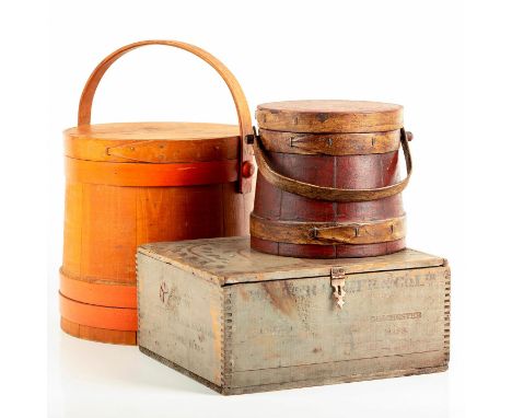 Includes: two round containers (6.5-9.5 in. D) with lid and handles. One is marked Ephraim Murdock to lid. Box (11 in. L x 9.