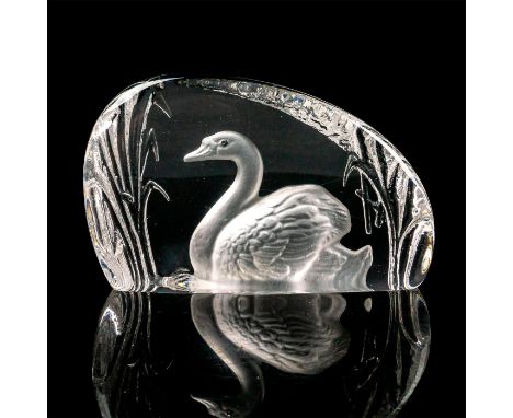 Elegant colorless crystal paperweight with frosted intaglio design depicting a swan swimming amongst the brush.Made for Danbu