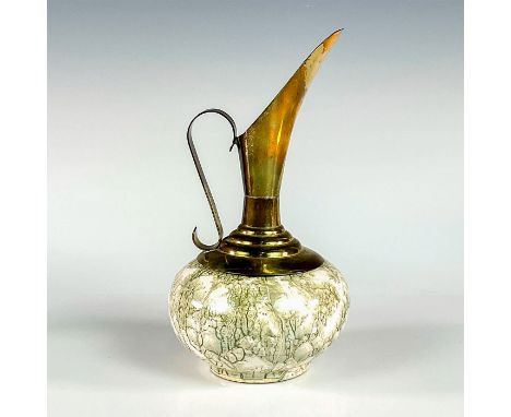 Creamy white with lustre finish &amp; green-grey toned branch patterning. Rounded bottom.Brass accented spout &amp; handle. H