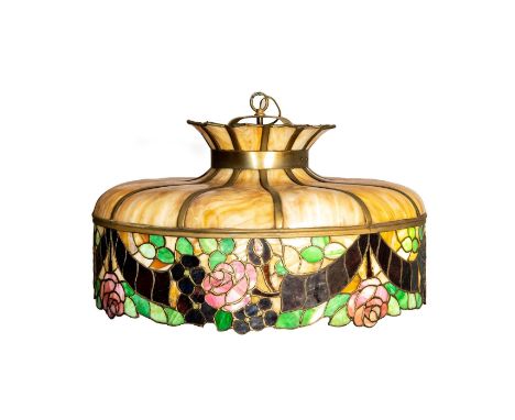 Chicago Mosaic glass caramel slag panels with pink roses and deep purple floral motif. Crafted with one bulb light socket and