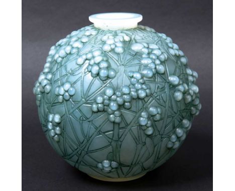 LALIQUE VASE in the Druides design, an opalescent and green stained bulbous vase designed with leaves and berries. Marked, R 