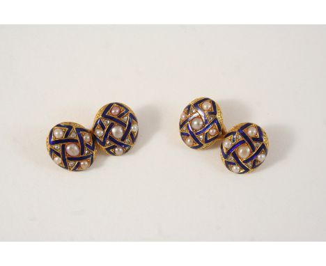 A PAIR OF ENAMEL, PEARL AND DIAMOND CUFFLINKS each oval link set with rose-cut diamonds and graduated pearls, with blue ename