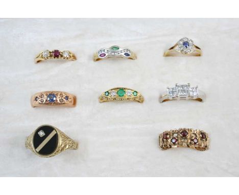 EIGHT ASSORTED GOLD AND GEM SET RINGS including a diamond ring, set in 18ct. white gold, a ruby and diamond three stone ring,