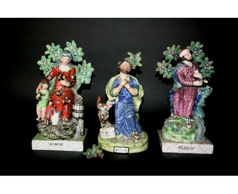 3 19THC PEARLWARE FIGURES of Widow, Peter and Elijah, each figure painted in typical enamel colours and with brocages (some d